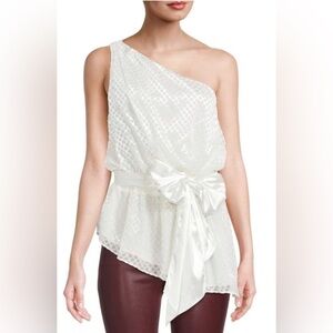 RAMY BROOK Tamar One Shoulder Textured Blouse Ivory scale Satin Ribbon